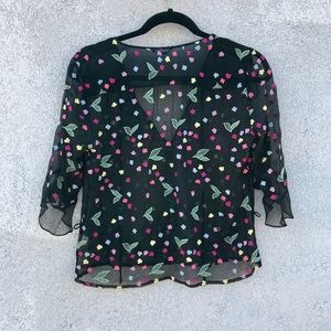 Silk Black Pull Over / Boho Peasant Top w/ Flowers